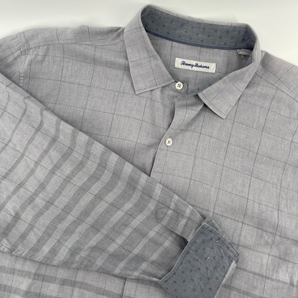 Tommy Bahama Men's Large Gray Plaid‎ Long Sleeve Button Up Shirt